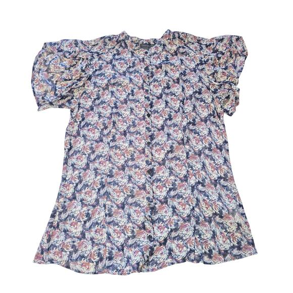 Armani Exchange Silk Top Womens Large Blue Artsy Split Sleeve Blouse Career Work - Picture 1 of 9